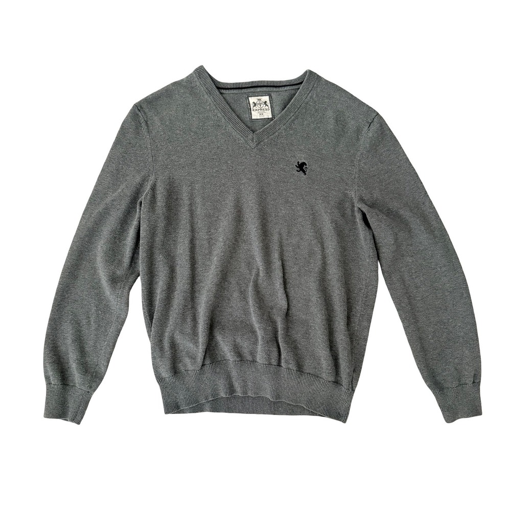 Express V-Neck Sweater Heather Grey Cotton Knit Mens Size M